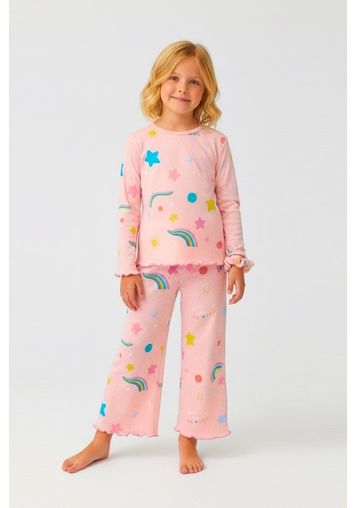 Gökkuşağı Desenli %100 Pamuklu Kız Çocuk Pijama Takımı - Toka Aksesuarlı Mevsimlik Takım Pembe Gökkuşağı Desenli %100 Pamuklu Kız Çocuk Pijama Takımı - Toka Aksesuarlı Mevsimlik Takım Pembe