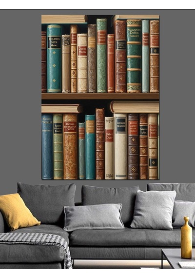 Kütüphane Rafı Kitap Dizisi Dekoratif Kanvas - Mdf Ahşap Tablo