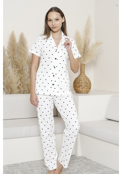 Wordex Mirano 6864 Kısa Kollu Süprem Kumaş Düğmeli Kadın Pijama Takımı Beyaz