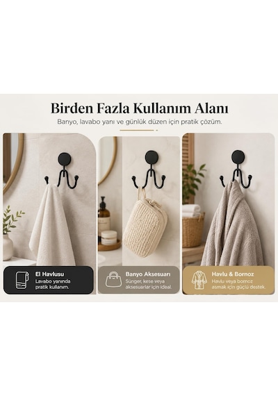 Alper Banyo Lotus Siyah İkili Havlu Askılığı, Yapışkanlı Ve Vidalı Montajlı Duvar Askısı, Mat Siyah Statik B Çok Renkli