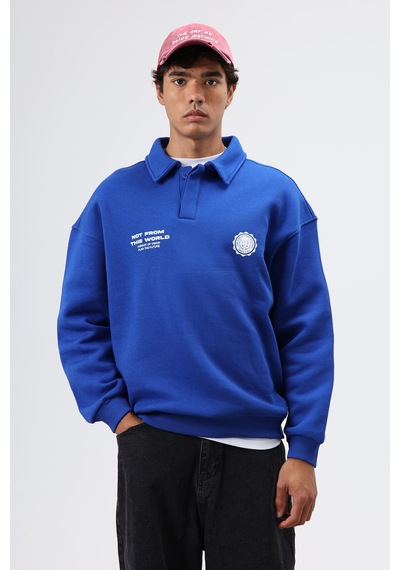 Vamos Polo Yaka Oversize Baskılı Yıkamalı Sweatshirt Saks Mavi