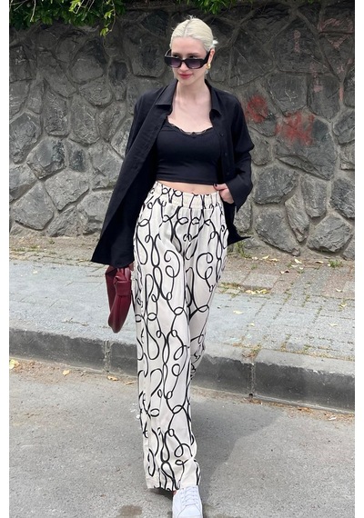 Madmext Ekru Desenli Beli Lastikli Bol Paça Pantolon Mg2051-ekru Ekru