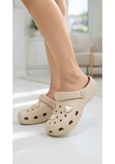 Stil Shoes Kadın Croks Eva Terlik Hafif Rahat Şık Taşlı Yumuşak Terlik Bej