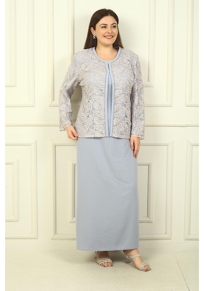 By Saygı Yakası Boncuk Nakışlı Uzun Elbise Boncuk Pul Nakışlı Ceket Astarlı Büyük Beden 2'li Takım-38925 Gri By Saygı Yakası Boncuk Nakışlı Uzun Elbise Boncuk Pul Nakışlı Ceket Astarlı Büyük Beden 2'li Takım-38925 Gri