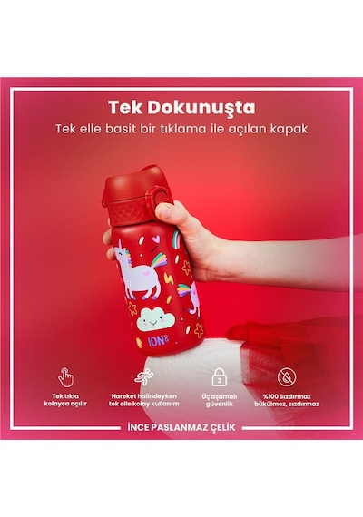 Ion8 - Paslanmaz Çelik Çocuk Suluk - Kırmızı Unicorn - 400 Ml - Sızdırmaz Çok Renkli