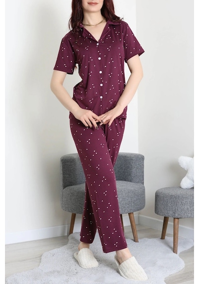 Modi Milan Kumaş Düğmeli Pijama Takımı Mürdüm - 750.1287. Açık Bej - Siyah