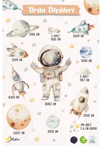Uzay Temalı Duvar Sticker Seti 165 Parça Astronot, Roket, Gezegen Çocuk Odası Duvar Büyük Boy Dijital Baskı