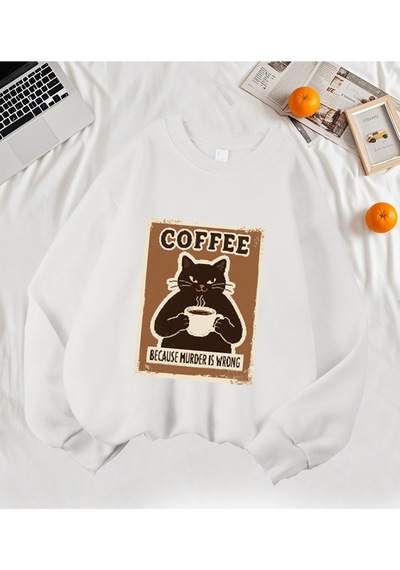 Startmore Startmoreçünkü Cinayet Yanlış Kahve Siyah Kedi Baskı Kazak Kadın Sonbahar Rahat Hipster Yumuşak Kazak Beyaz