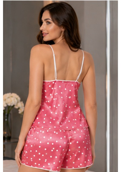 Loule Büyük Beden Pembe Puantiyeli Dantelli Saten Şortlu Pijama