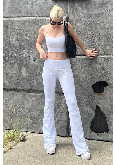 Madmext Beyaz Beli Fitilli Yüksek Bel İspanyol Paça Pantolon Mg2096-beyaz Beyaz