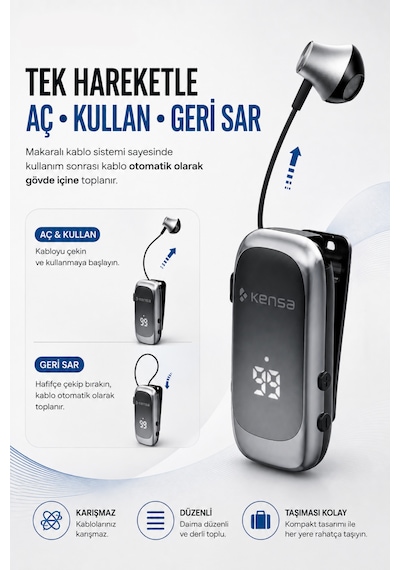 Kensa Makaralı Kulaklık Bluetooth 6.0 20 Saat Konuşma Dijital Ekran Titreşimli Hızlı Şarjlı