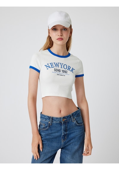 Koton Crop Tişört Slogan Baskılı Bisiklet Yaka Biyeli Kısa Kollu Slim Fit Ekru 4sal11123ık Ekru