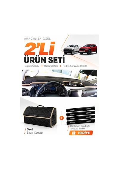 Toyota Hilux 2016-2025 Uyumlu Torpido Örtüsü + Deri Bagaj Çantası + Sticker Seti - Siyah Bej
