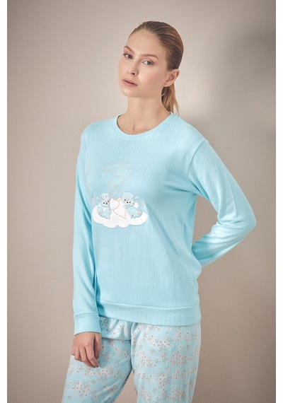 Fullamoda Ayıcık Nakışlı Bisiklet Yaka 2 Li Pijama Takımı 24mıcg631125723-mavi Mavi