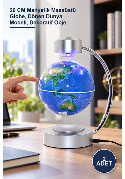 2 Adet Mıknatıslı Ortada Dönen Dünya Küre 26 Cm Manyetik Masaüstü Globe, Dönen Dünya Modeli, Dekoratif Obje Sarı
