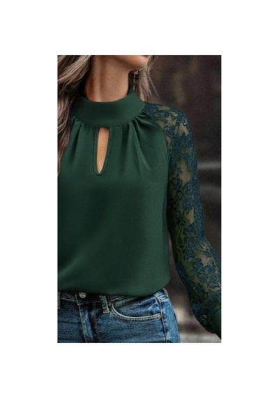 Butik İstanbul Kadın Uzun Kollu Göğüs Pencere Detay Yaka Boğazlı Kolları Tüllü Sandy Bluz Yeşil