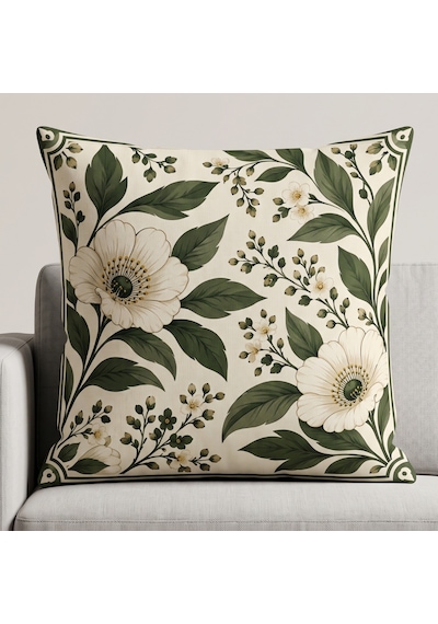 4'lü Haki Krem Klasik Botanik Desenli Dekoratif Kırlent Kılıfı Seti - Çift Taraflı 43x43 Cm Haki Yeşil