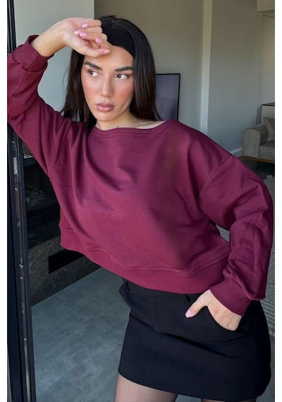 Bordo Kayık Yaka Kadın Sweatshirt Mg2208