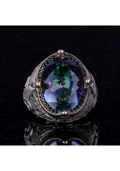925 Ayar Gümüş Yüzükler Premium Üretilmiş Taşlarla Mistikal Topaz Üretilmiş Taşı Gümüş