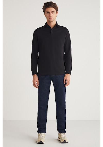 Grımelange JOHN Erkek Polo Sweat Gömlek Yakalı Arkası Uzun Yırtmaçlı Diagonel Kumaşlı Siyah Sweatshirt