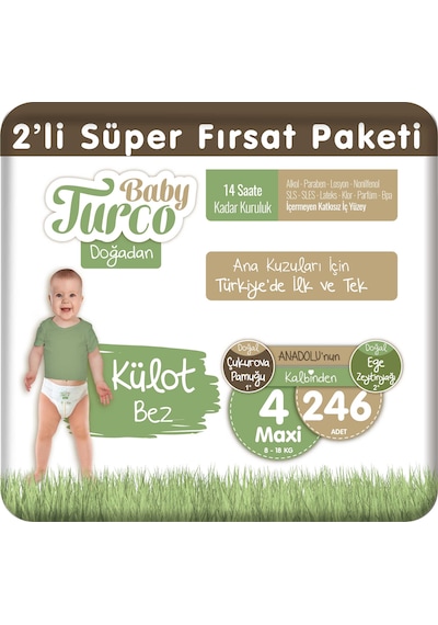Baby Turco Doğadan 2'li Süper Fırsat Paketi Külot Bez 4 Numara Maxi 246 Adet