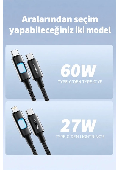 Ven-dens Vd-dc12cl 27 W Pd Type-c To Lightning Hızlı Şarj Ve Veri Kablosu, 1 Metre, Naylon, Siyah