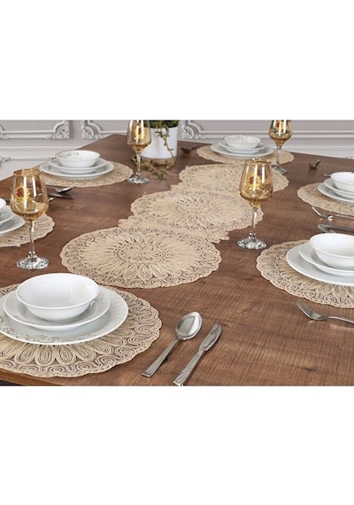 8 Kişilik Amerikan Servis Supla Ve Runner Seti Bej Renk 9 Parça S Bej