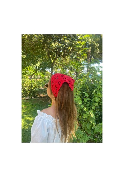 Çiçek Desen Örgü Bandana Kırmızı Kırmızı