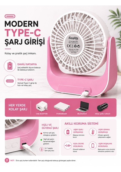 Breeze Mg-5146f Şarjlı Mini Masa Vantilatörü Led Işıklı 3 Kademeli Usb Type-c