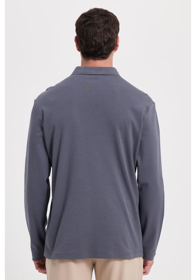 Tudors Erkek Relax Fit Rahat Kesim %100 Pamuk Yarım Fermuarlı Polo Yaka İnterlok Antrasit Sweatshirt-42172 Antrasit