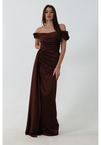 Feminist Kahve Drape Detaylı Saten Kumaş Abiye Elbise 9704858 Kahverengi