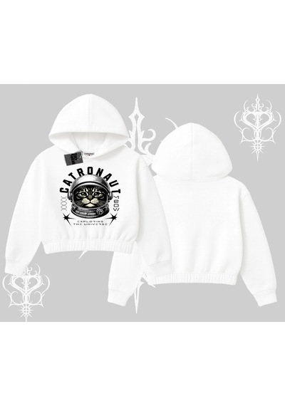 Startmore Catronaut Kedi Baskılı Kapşonlu Crop Sweatshirt Beyaz