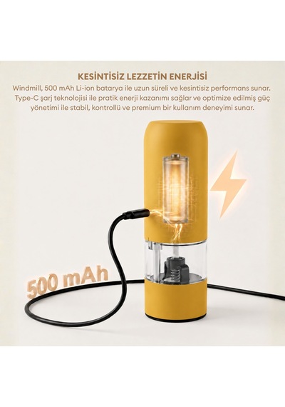 Pizen Windmill Usb Şarjlı Otomatik Baharat Öğütücü Led Işıklı Ayarlanabilir Tuz Karabiber Değirmeni Sarı