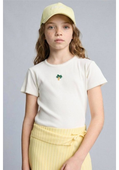 Noble Kids Kız Çocuk Palmiye Taş İşlemeli Ribana Tişört Beyaz