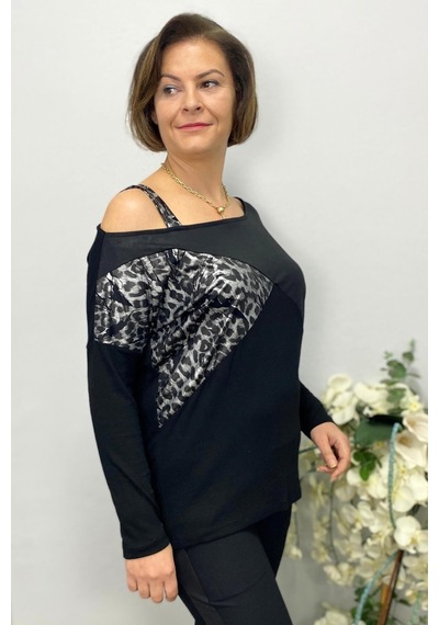 Mia Butik Büyük Beden Siyah Tek Omuz Leopar Detaylı Bluz-1582 Gri