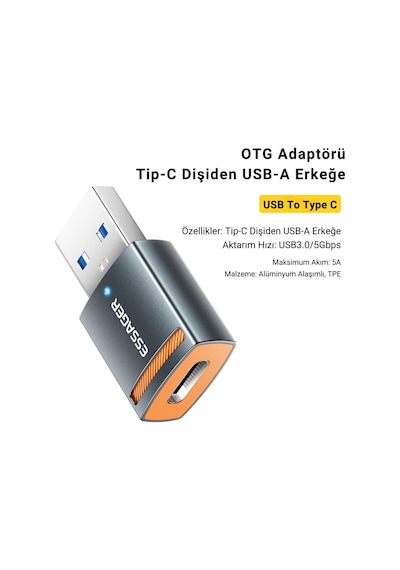 Essager Usb To Type-c Otg Dönüştürücü Adaptör, 5 Gbps Veri Aktarım, Usb Type C Çevirici, Klavye, Mouse Çevirici