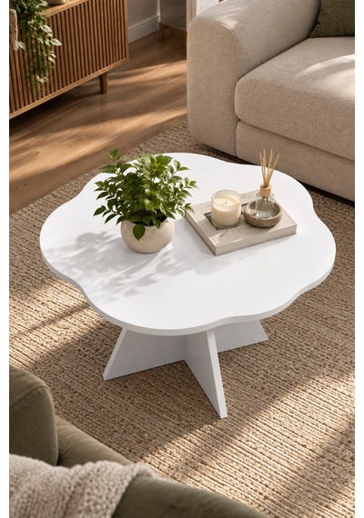 Sulorahome Çiçek Formlu Beyaz Orta Sehpa 70 Cm