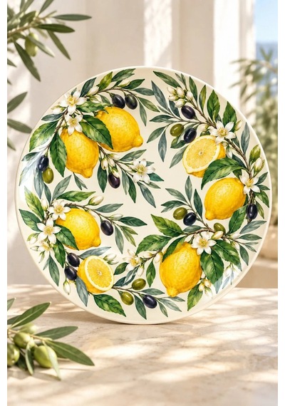 Dekoratif Duvar Tabağı Limonlu Akdeniz Desenleri Dekorlu Seramik Tabak Beyaz