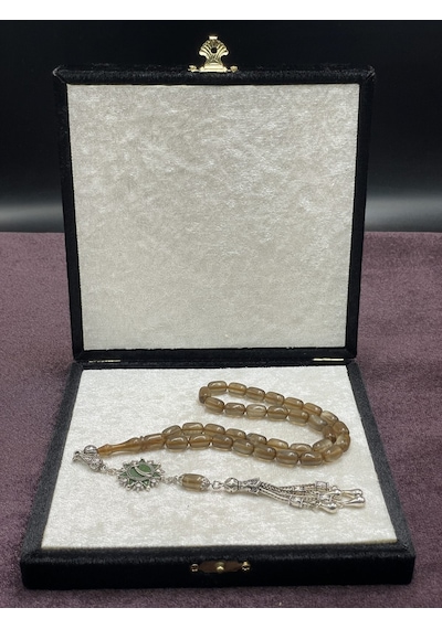 Alpaka Mineli Madalyonlu Sedef Simli Ateş Kehribar Tesbih Kahve Tonları, 7x11 Mm Kahverengi