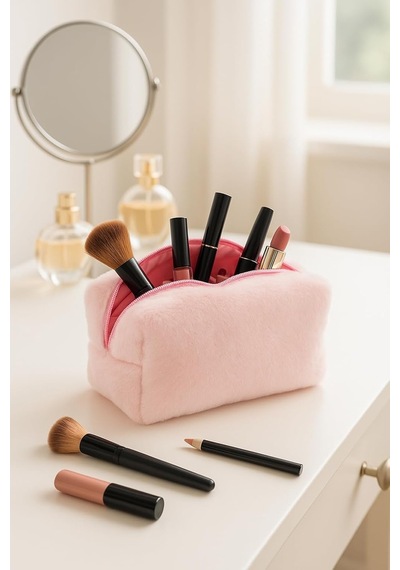 Peluş Yumuşacık Makyaj Çantası - Kozmetik Organizeri Pembe Çok Renkli