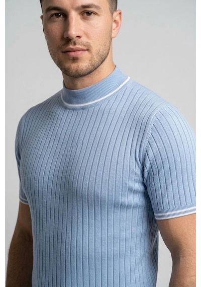 Erkek Fitilli Triko Dokuma Kısa Kol Tişört Yarım Boğaz Modern Yazlık T-shirt - Bebe Mavisi
