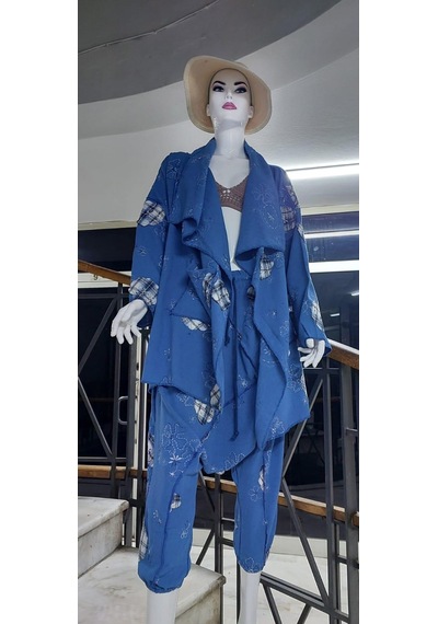 Boho Şalvar Pantolon Asimetrik Ceket Takım Mavi