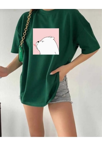 Kozia Outdoors Malkoçbey Sevimli Ayı Baskılı Oversize Basic T-shirt Yeşil