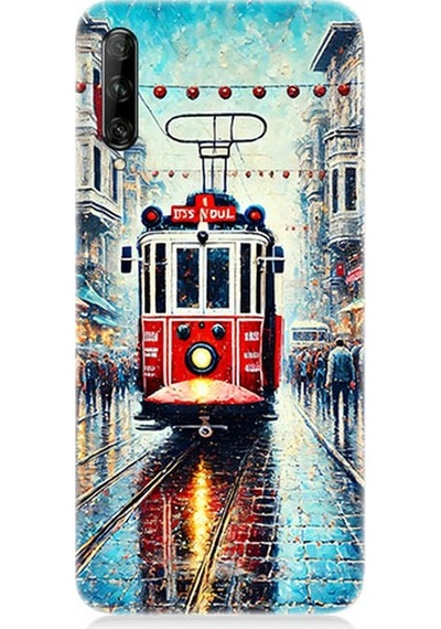 Huawei P Smart Pro Uyumlu Yağmurlu Sokakta Kırmızı Tramvay Desenli Silikon Kılıf Çok Renkli