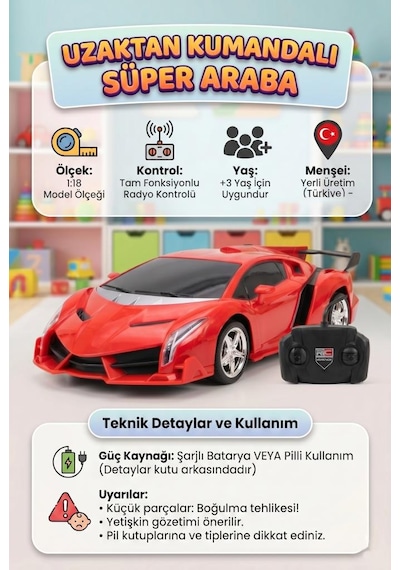 Uzaktan Kumandalı Süper Araba 1:18 Ölçekli 4 Fonksiyonlu Radyo Kontrol Sistemli Oyuncak Araba