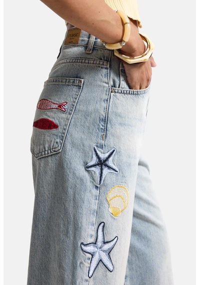 Itsbasic Kadın Kot Rengi 4s6-32 Palazzo Nakış Tasarım Bermuda Denim Jort