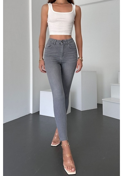 Gri Kadın Skinny Fit Jean Yüksek Bel Likralı Esnek Kot Pantolon Jennie-gri 001