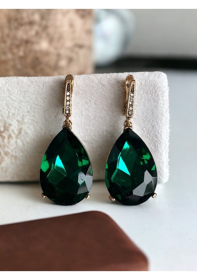 Kristal Taşlı Büyük Su Damlası Sallantılı Küpe Yeşil