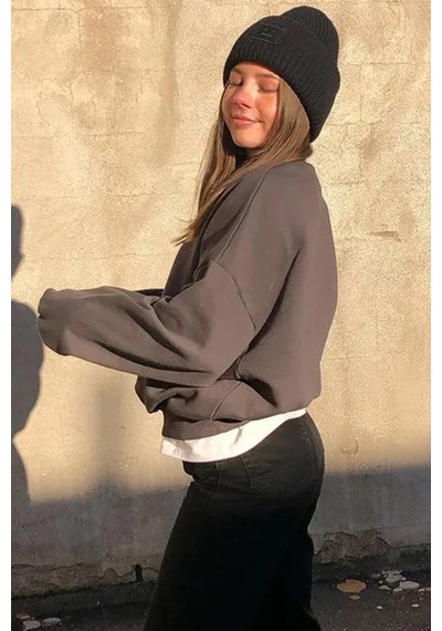 Madmext Madmext MG1559 Bisiklet Yaka Basic Kadın Sweatshirt - Füme