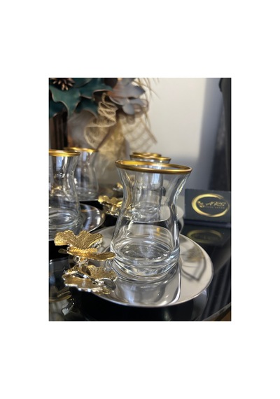 Paşabahçe Özel Tasarım Metal Tabaklı Kelebekli Çay Seti 6 Adet Yaldızlı Çay Bardağı 6 Metal Tabağı Çok Renkli